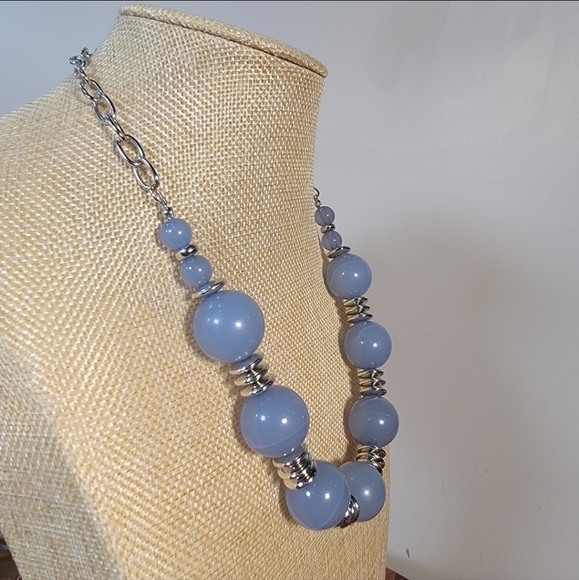 Blue Beaded Necklace With Silver Tone Accents Statement Jewelry - Picture 5 of 15